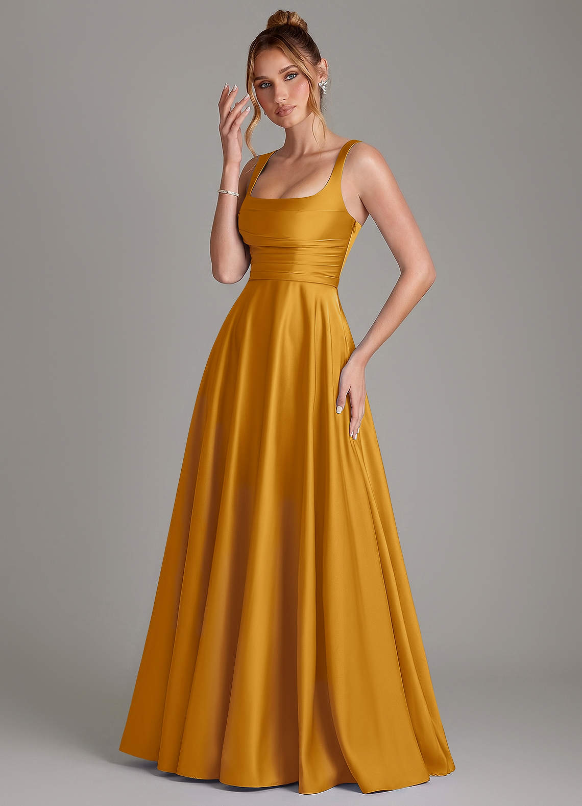 Azaria A-Line Square-Neck Stretch Satin Bridesmaid Dress in butterscotch