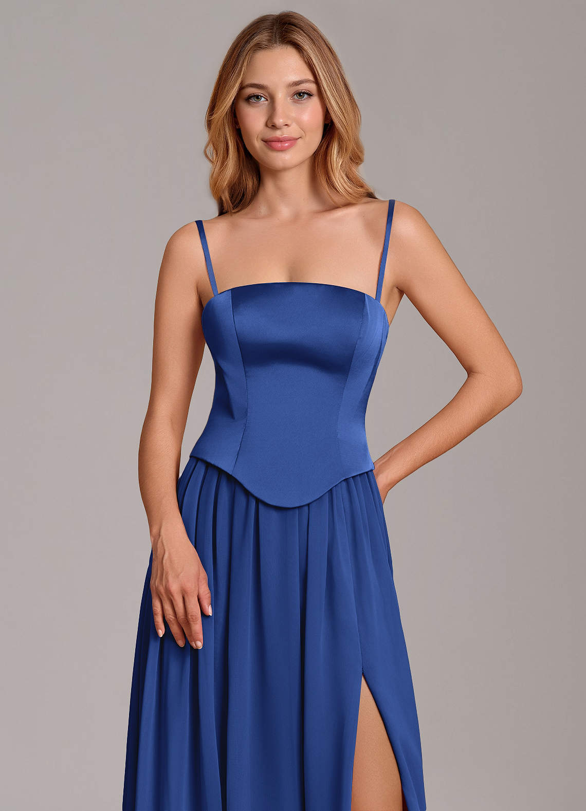 Cadence A-Line Strapless Chiffon and Stretch Satin Bridesmaid Dress in Royal Blue