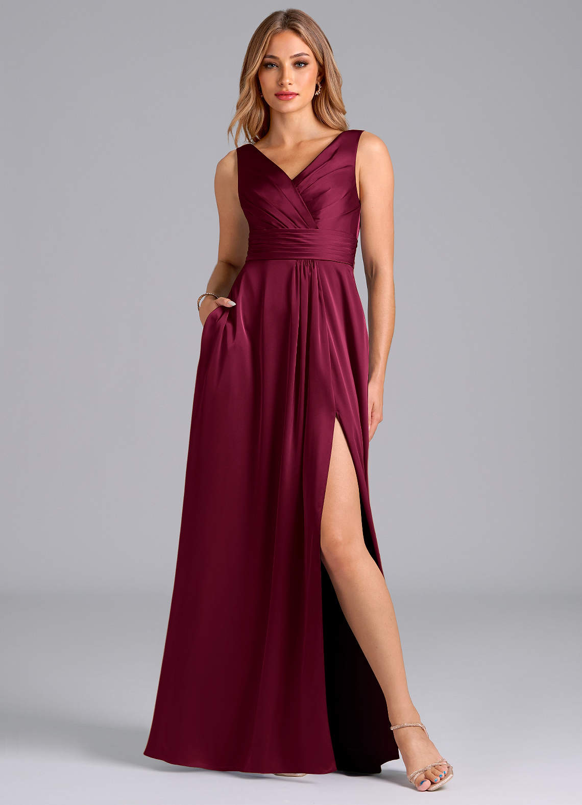Karina A-Line V-Neck Stretch Satin Bridesmaid Dress in Burgundy