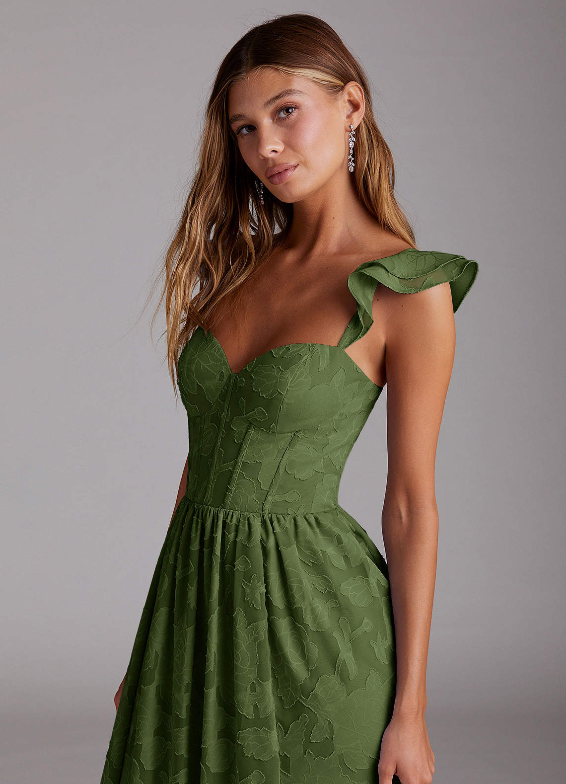 Denisse A-Line Sweetheart Floral Burnout Wedding Guest Dress in Olive