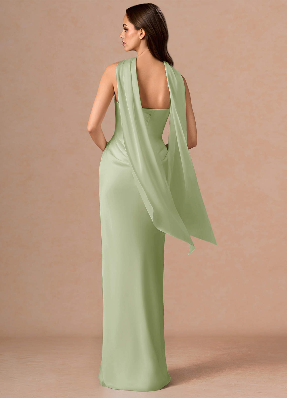 Valencia Scarf Lace-Up Stretch Satin Evening Dress in Light Green