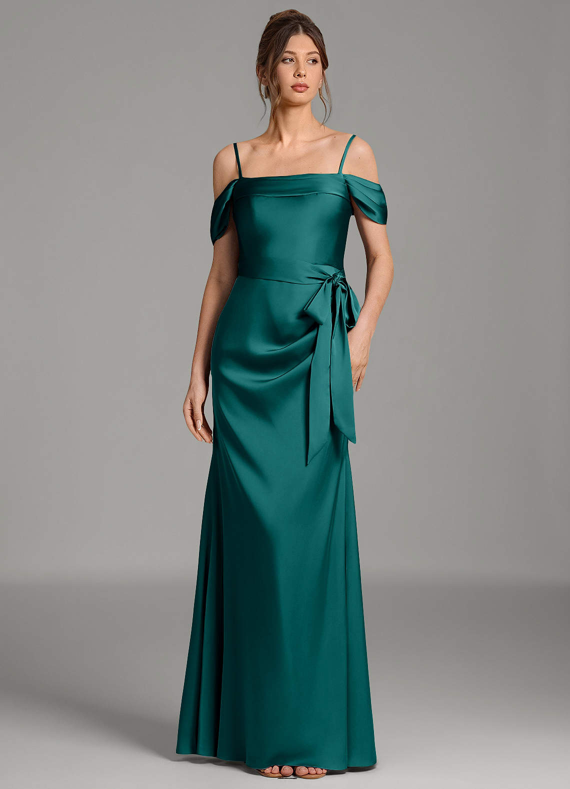 Wyatt Mermaid Off-the-Shoulder Stretch Satin Bridesmaid Dress in Peacock