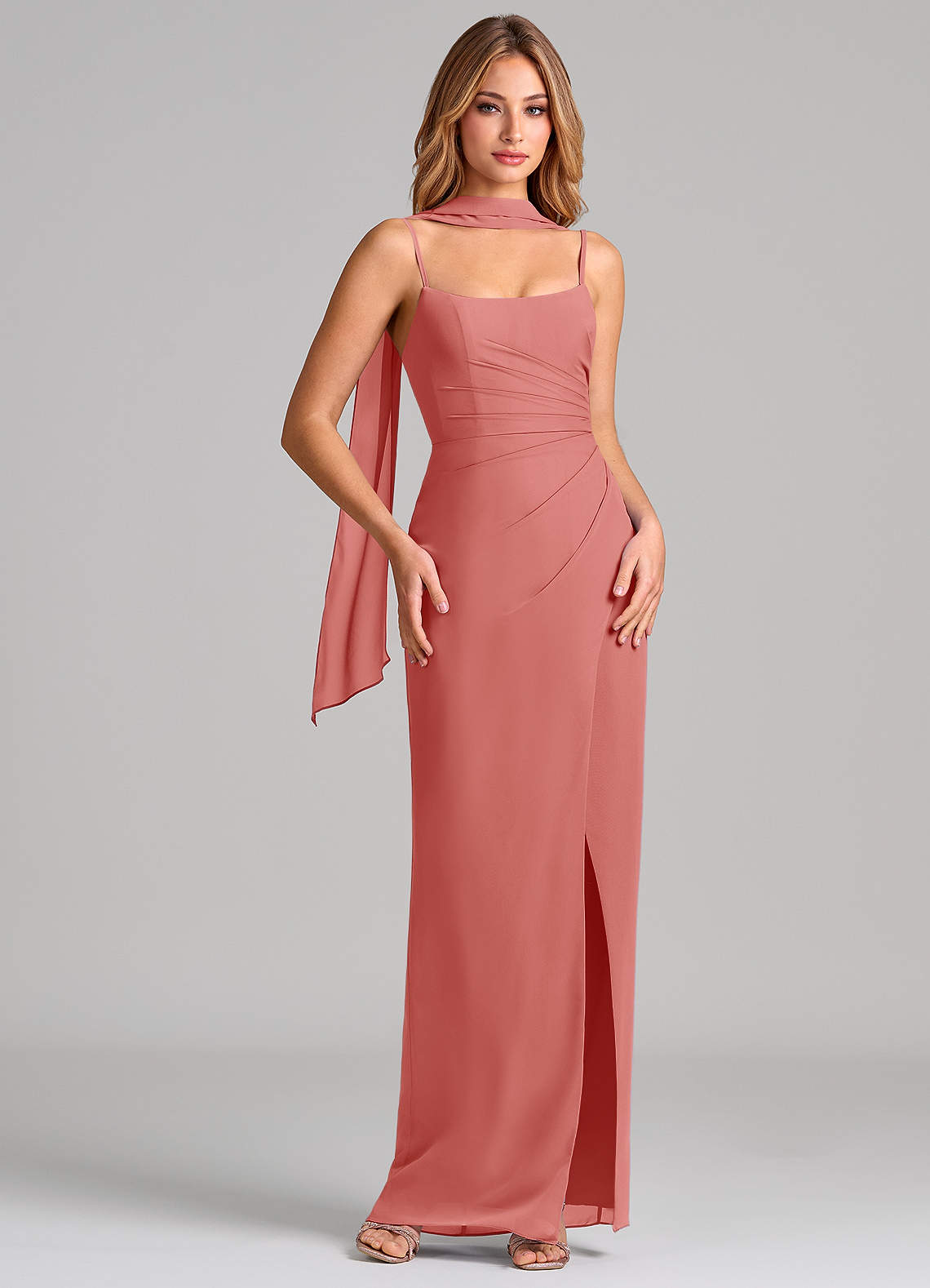 Calandra Sheath Scoop-Neck Chiffon Bridesmaid Dress in Antique Rose