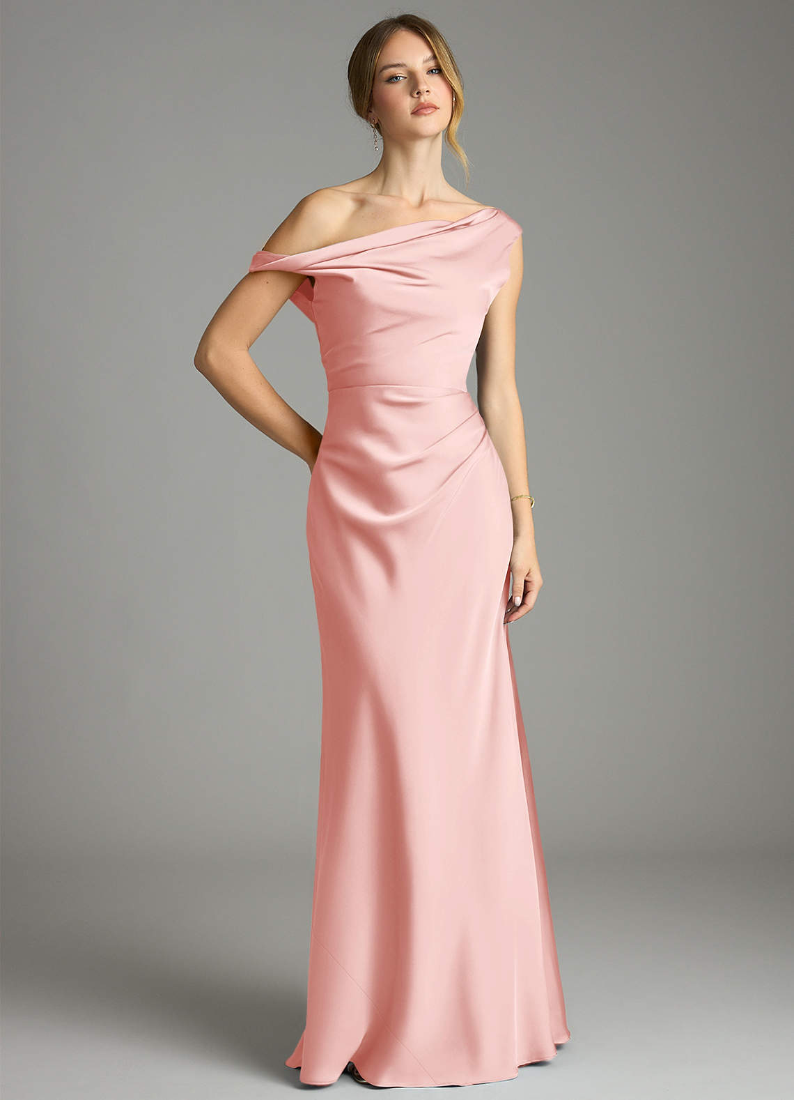 Emerson Mermaid One-Shoulder Stretch Satin Bridesmaid Dress in Powder Pink