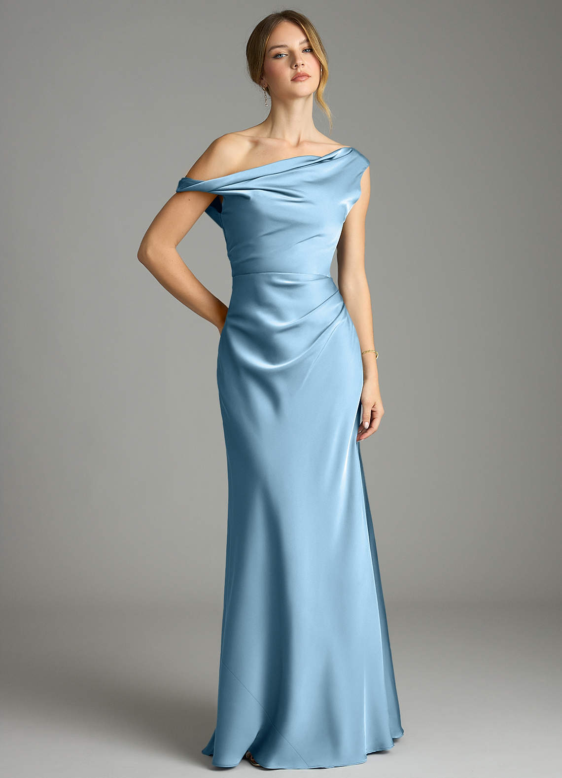 Emerson Mermaid One-Shoulder Stretch Satin Bridesmaid Dress in Steel Blue