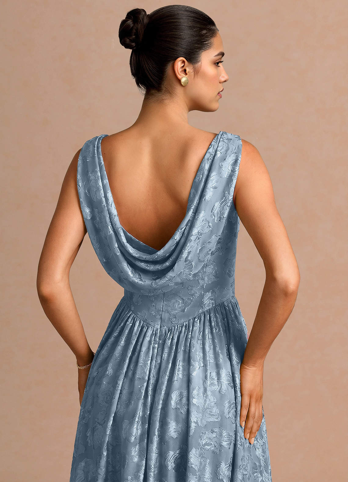 Novi A-Line Draped-Neck Floral Fil Coupé Evening Dress in Dusty Blue