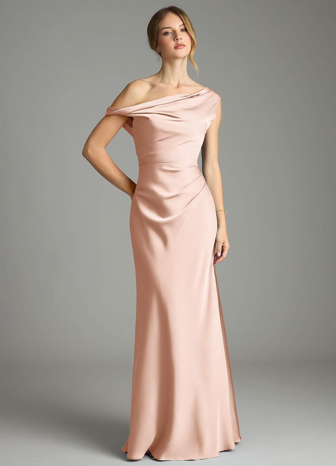 Emerson Mermaid One-Shoulder Stretch Satin Bridesmaid Dress in rose gold