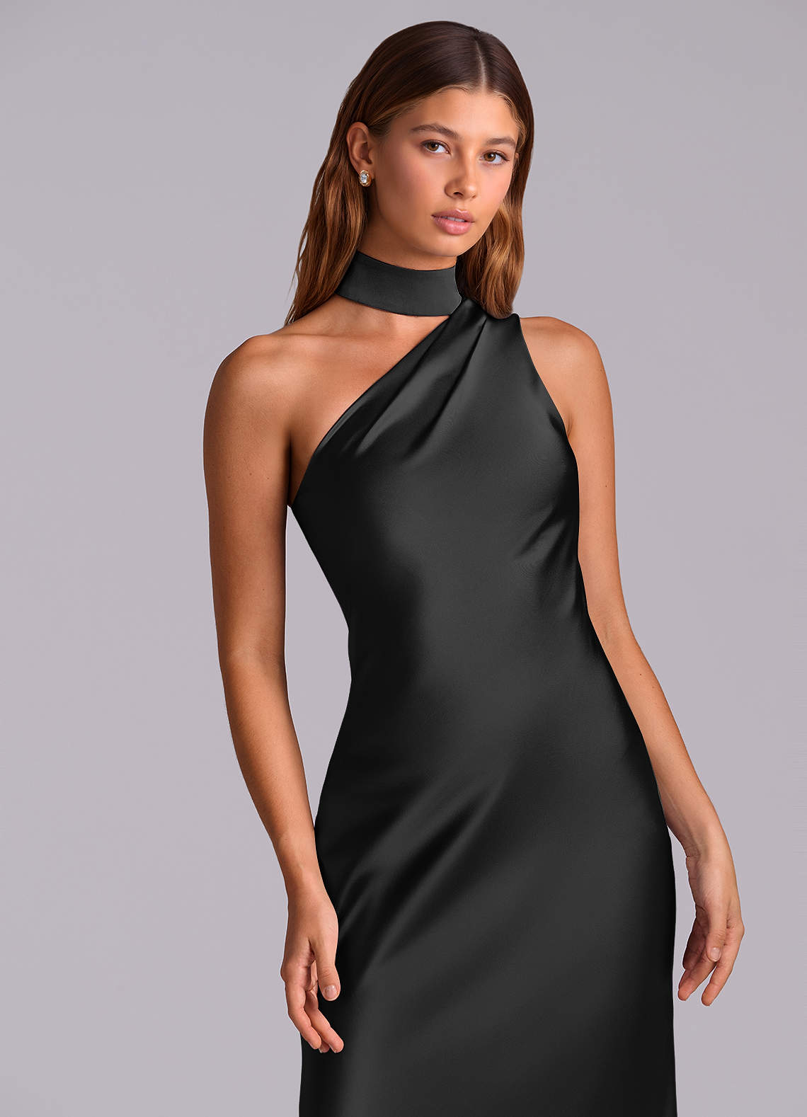 Seona Mermaid One-Shoulder Stretch Satin and Tulle Bridesmaid Dress in black