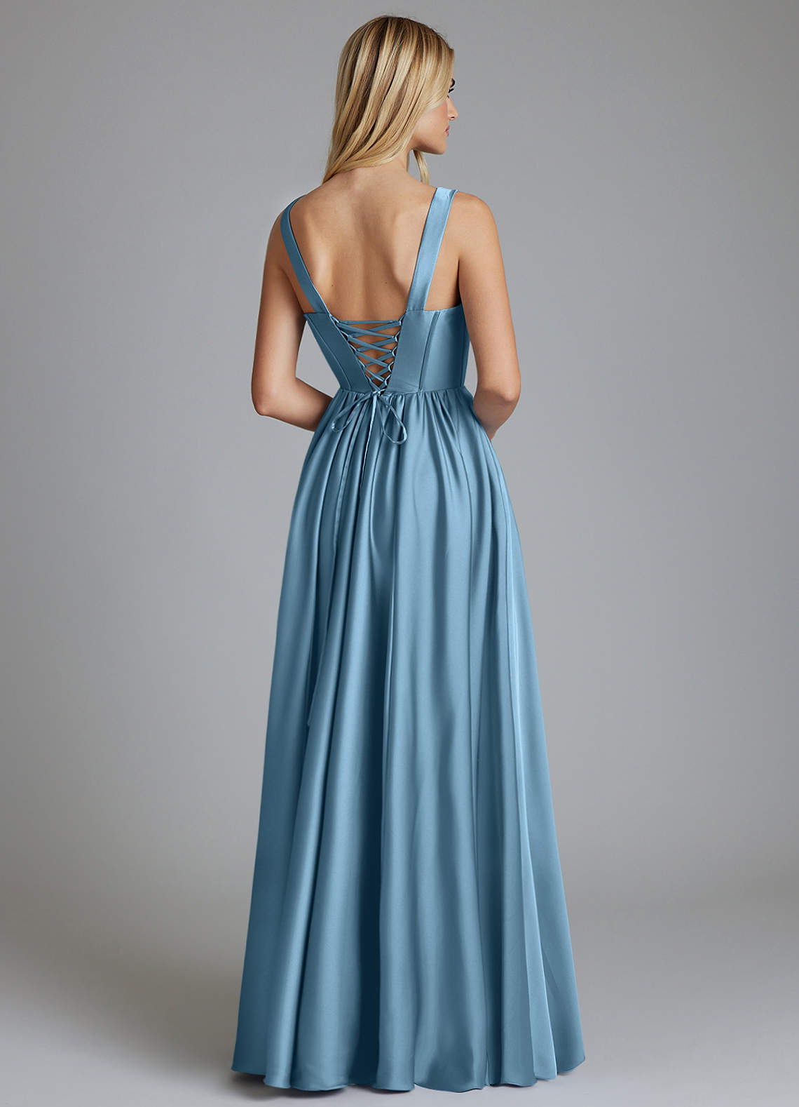 Delmie A-Line V-Neck Stretch Satin Bridesmaid Dress in Steel Blue