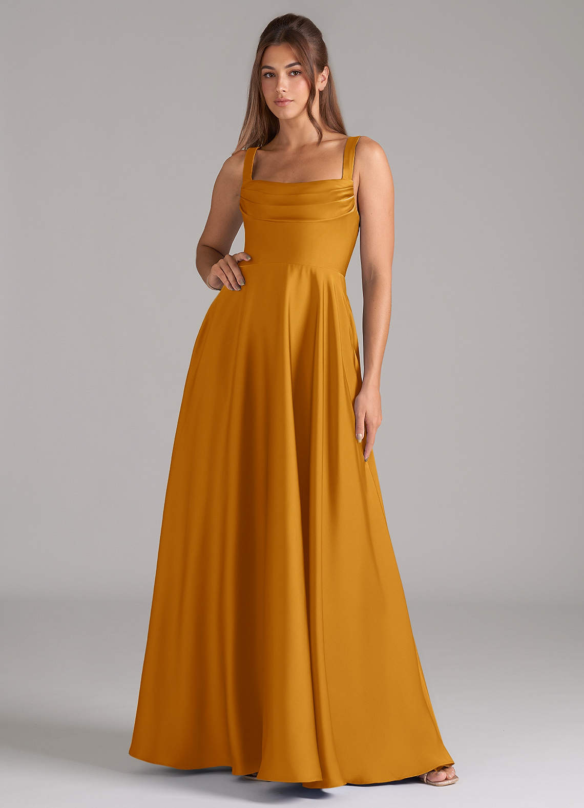 Shaude A-Line Square-Neck Stretch Satin Bridesmaid Dress in butterscotch