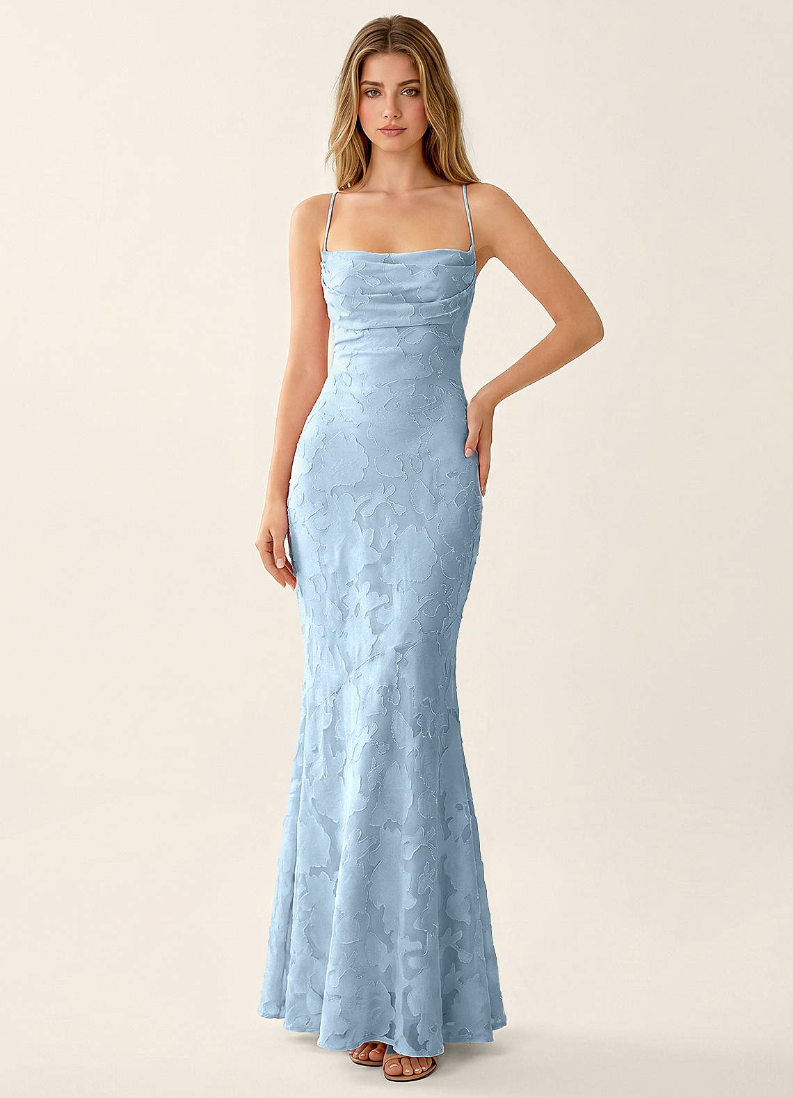 Natasha Mermaid Spaghetti-Strap Floral Burnout Evening Dress in Sky Blue