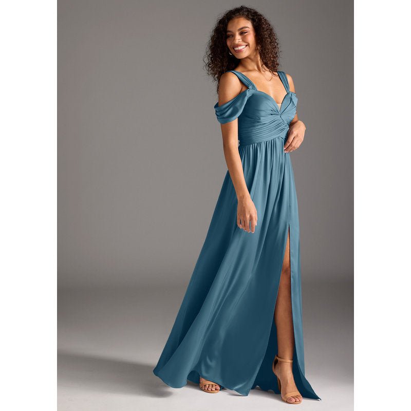 Fionora A-Line Sweetheart Stretch Satin Bridesmaid Dress in Bermuda — three-quarter side view