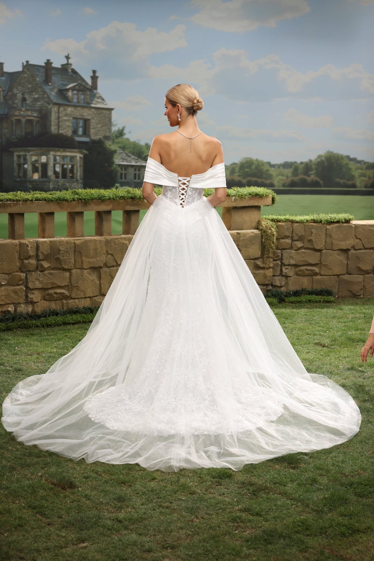 Fiora Mermaid Off-the-Shoulder Sweetheart Lace Tulle with Chapel Train Wedding Dress in White