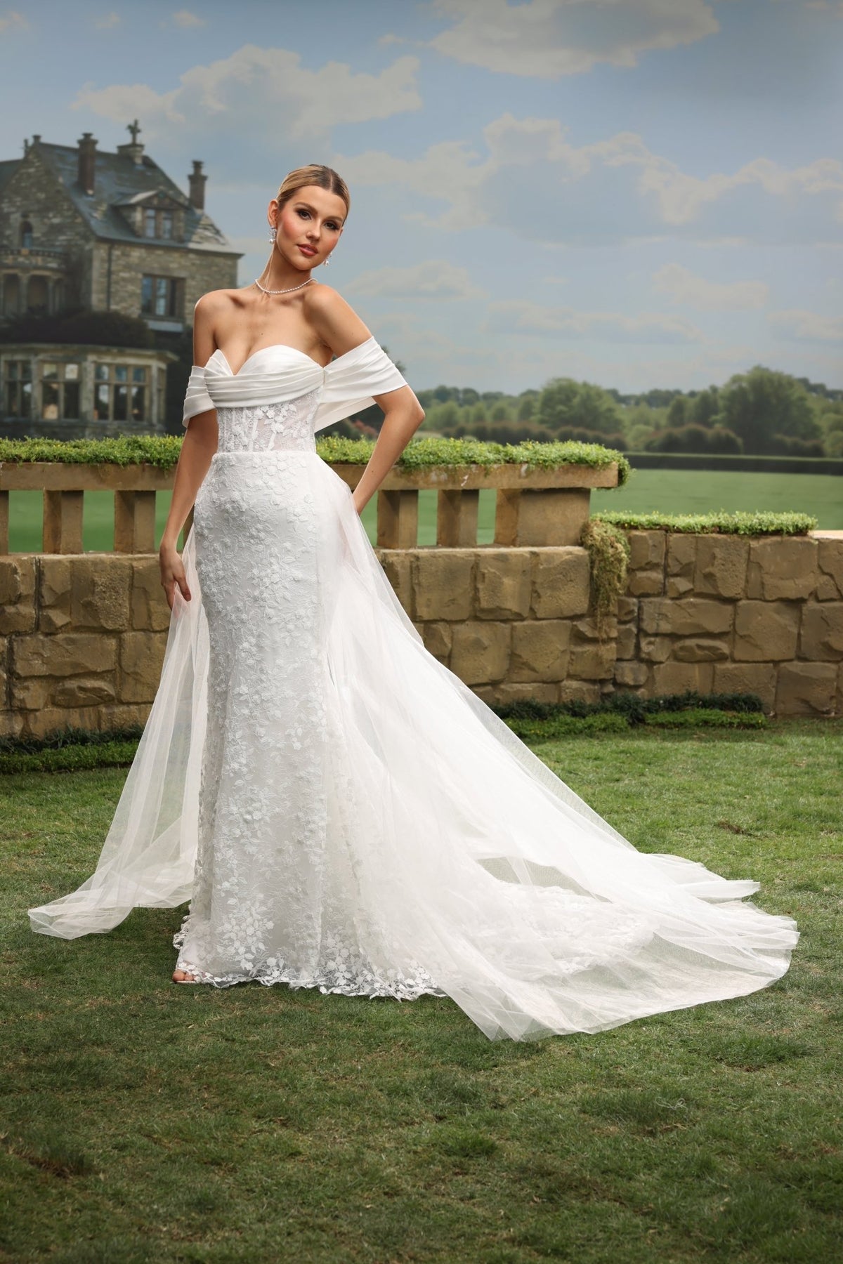 Fiora Mermaid Off-the-Shoulder Sweetheart Lace Tulle with Chapel Train Wedding Dress in White