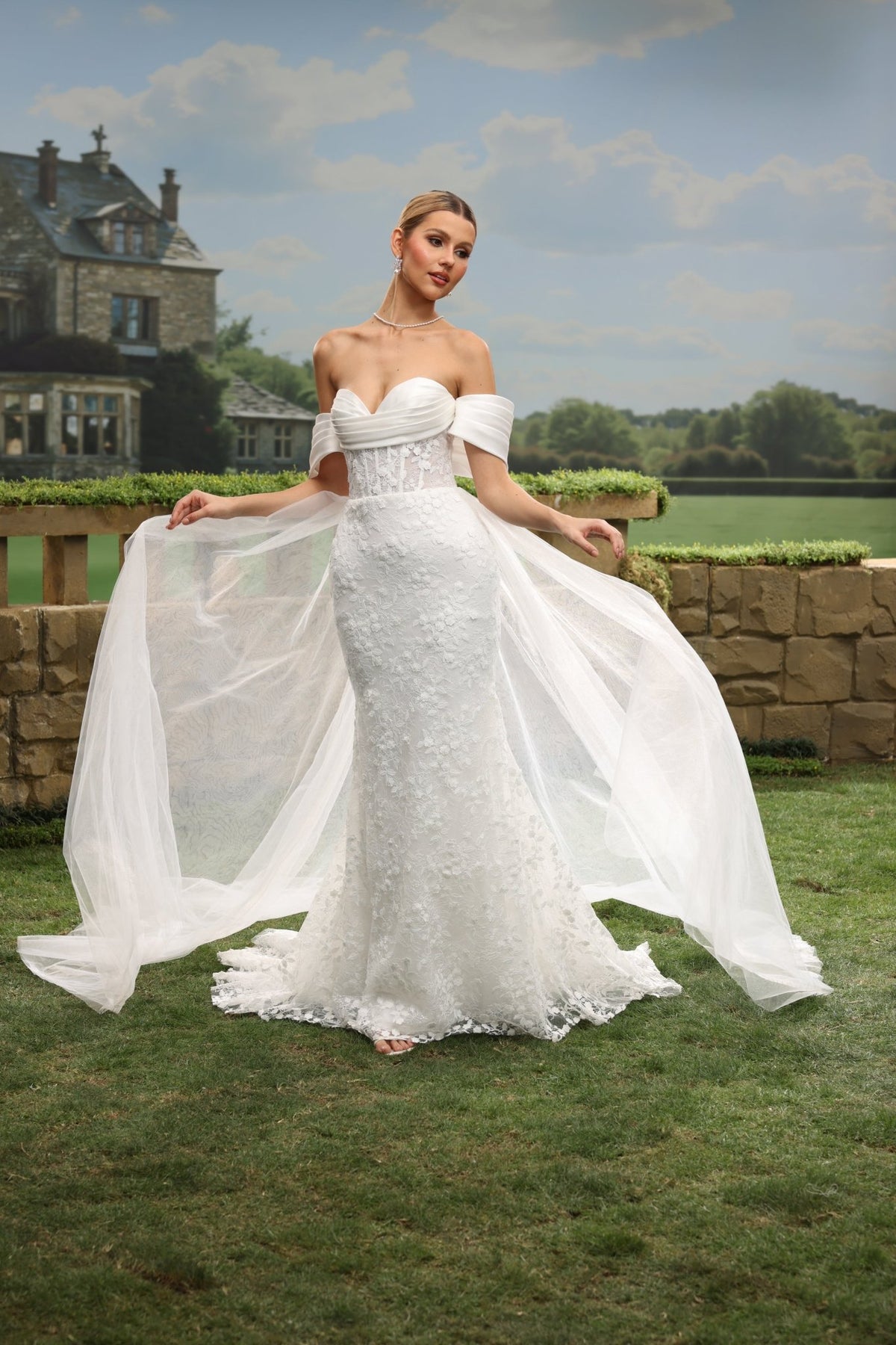 Fiora Mermaid Off-the-Shoulder Sweetheart Lace Tulle with Chapel Train Wedding Dress in White