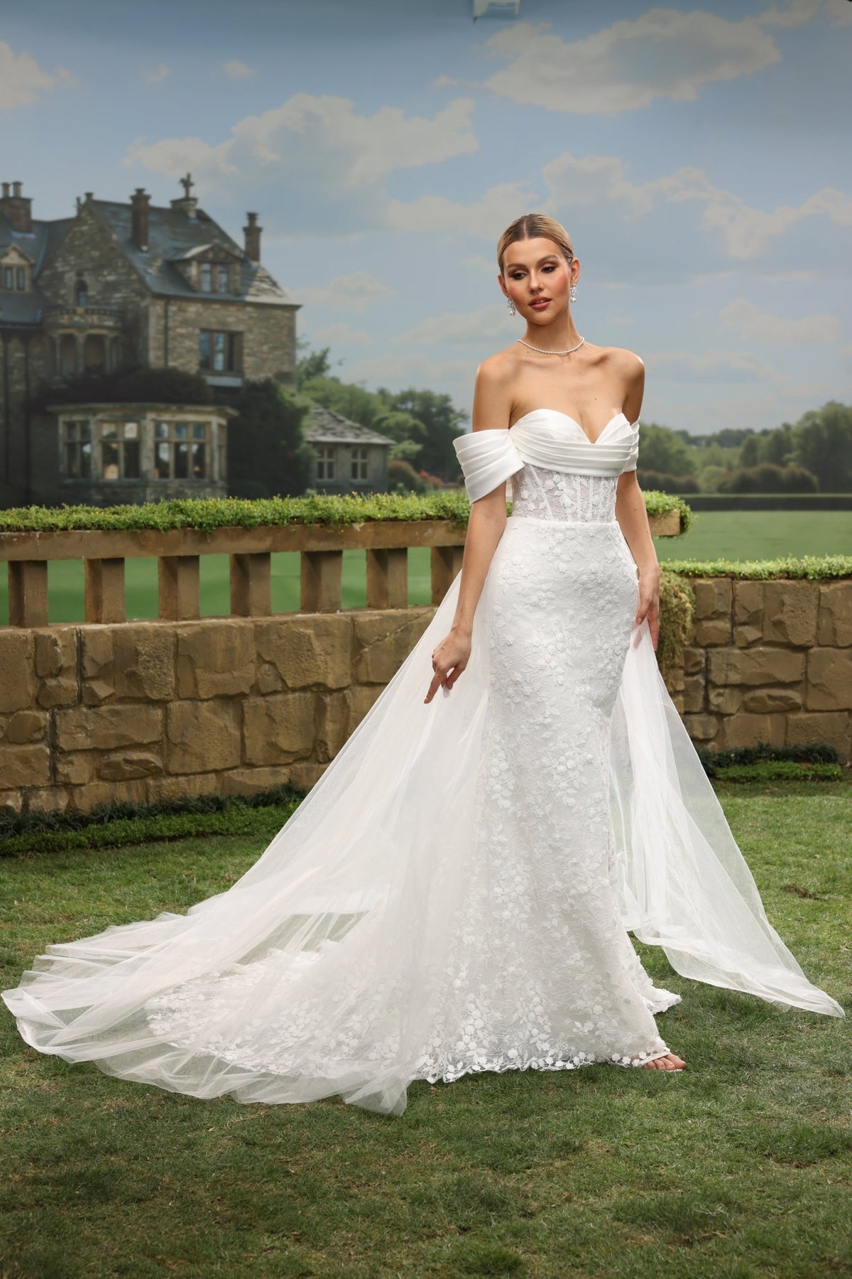 Fiora Mermaid Off-the-Shoulder Sweetheart Lace Tulle with Chapel Train Wedding Dress in White