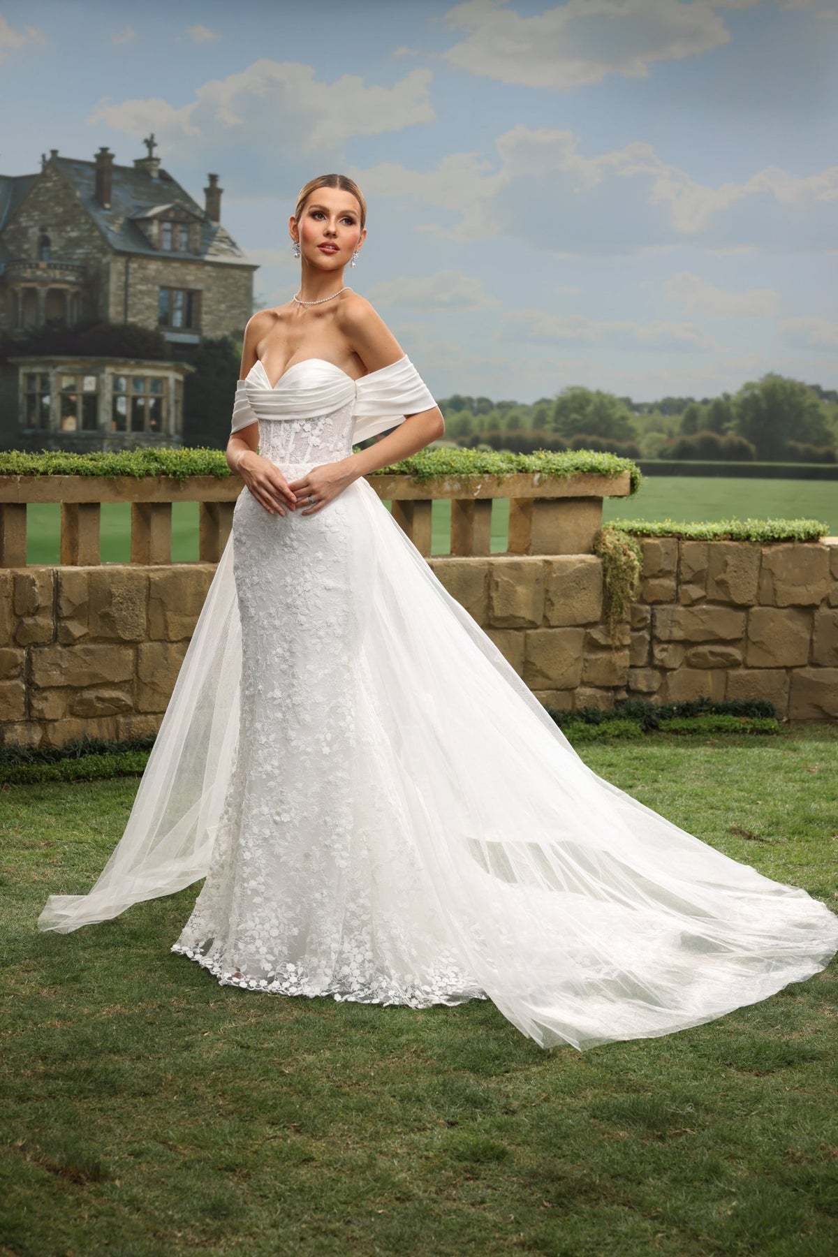 Fiora Mermaid Off-the-Shoulder Sweetheart Lace Tulle with Chapel Train Wedding Dress in White