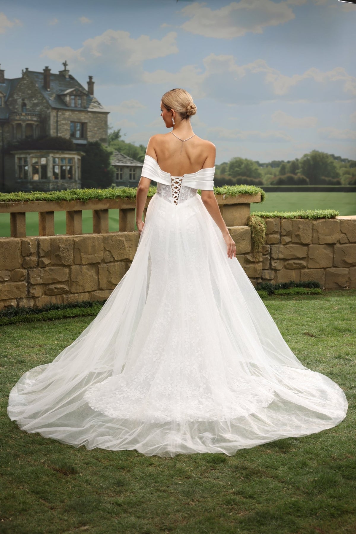 Fiora Mermaid Off-the-Shoulder Sweetheart Lace Tulle with Chapel Train Wedding Dress in White