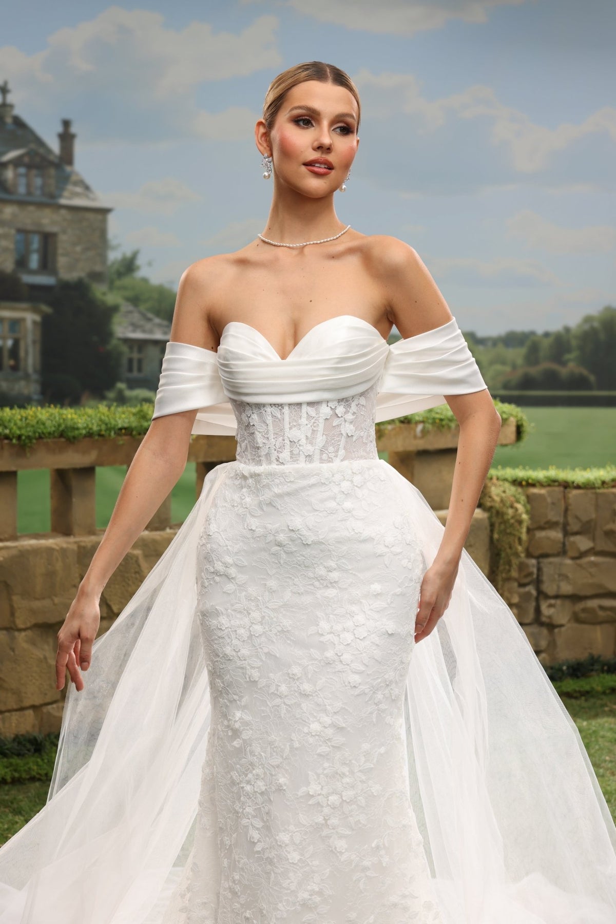 Fiora Mermaid Off-the-Shoulder Sweetheart Lace Tulle with Chapel Train Wedding Dress in White