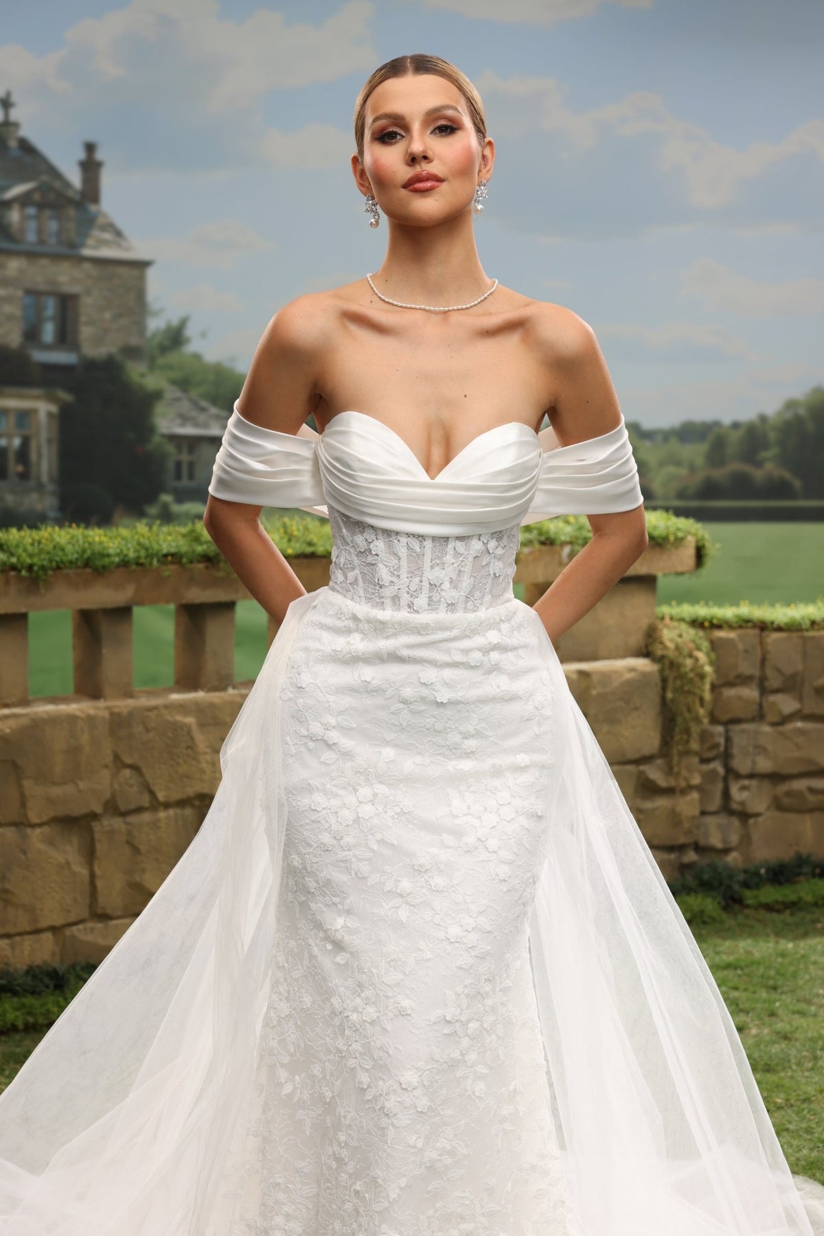 Fiora Mermaid Off-the-Shoulder Sweetheart Lace Tulle with Chapel Train Wedding Dress in White