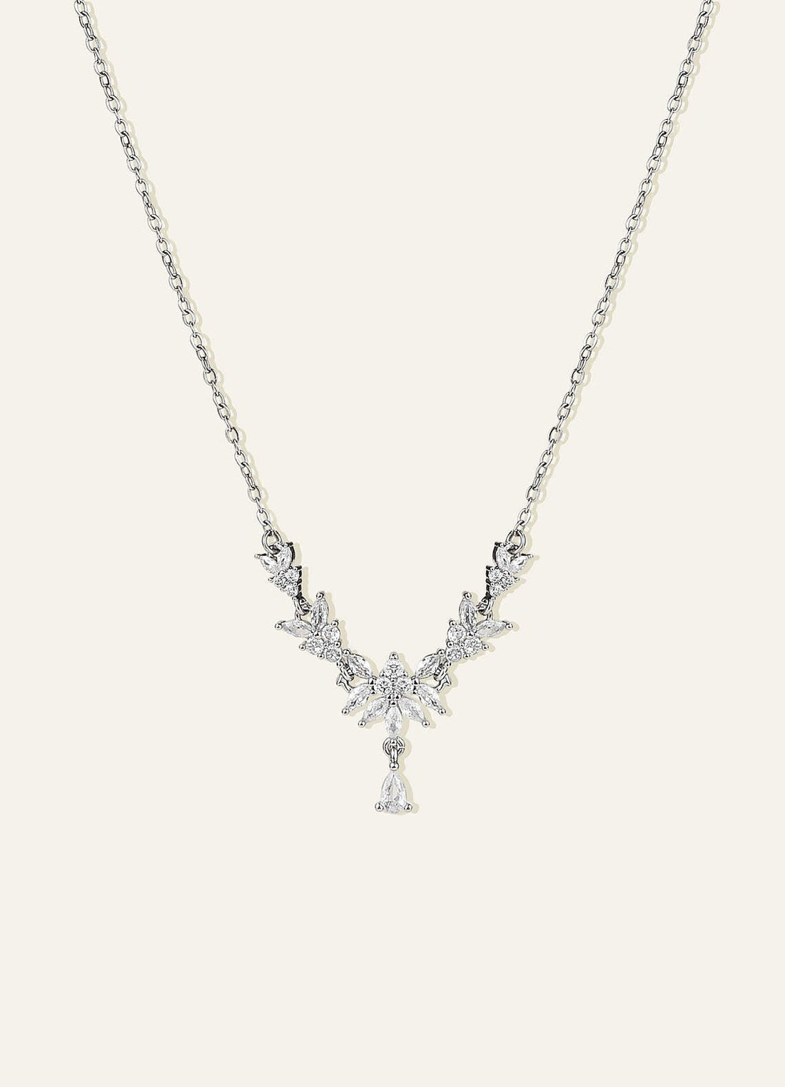 Floral CZ Teardrop Necklace — Silver — 图 1/5