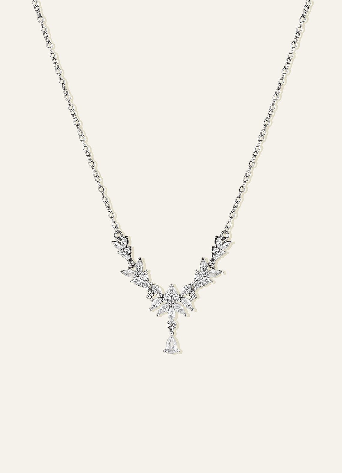 Floral CZ Teardrop Necklace — Silver — 图 1/5