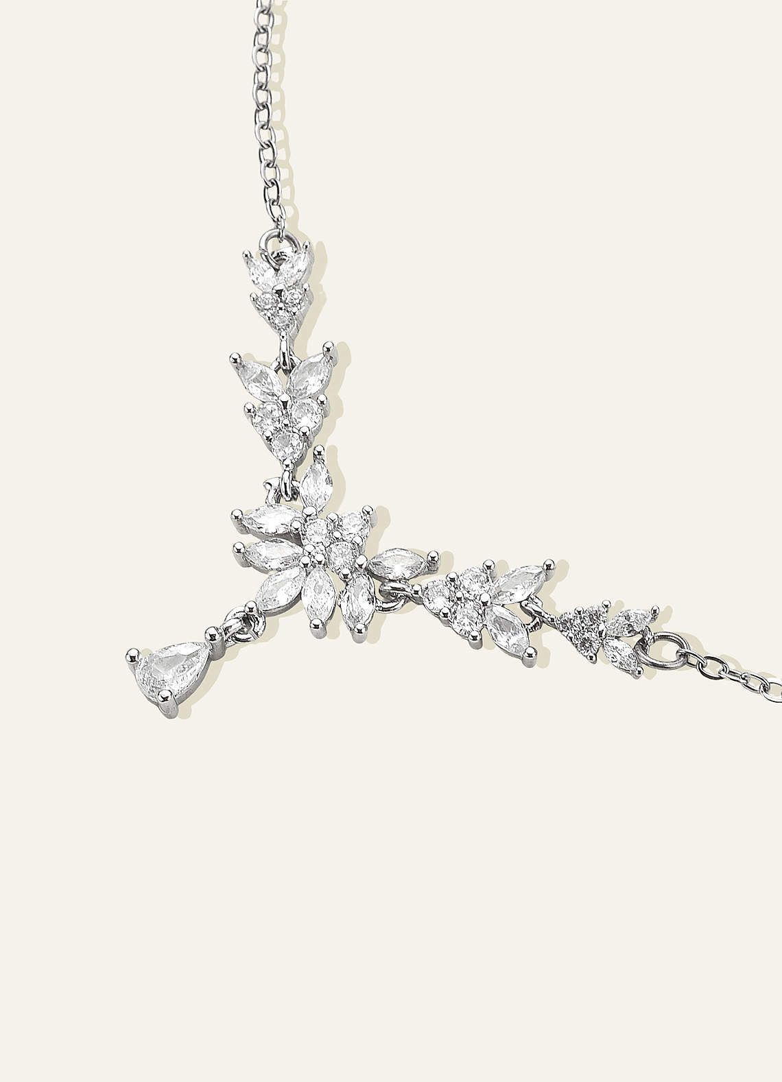 Floral CZ Teardrop Necklace — Silver — 图 3/5