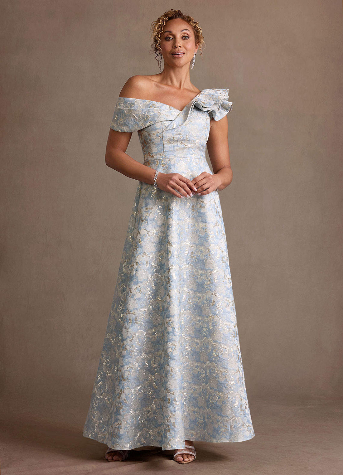 Fran A-Line Off-the-Shoulder Jacquard Mother of the Bride Dress in dusty blue