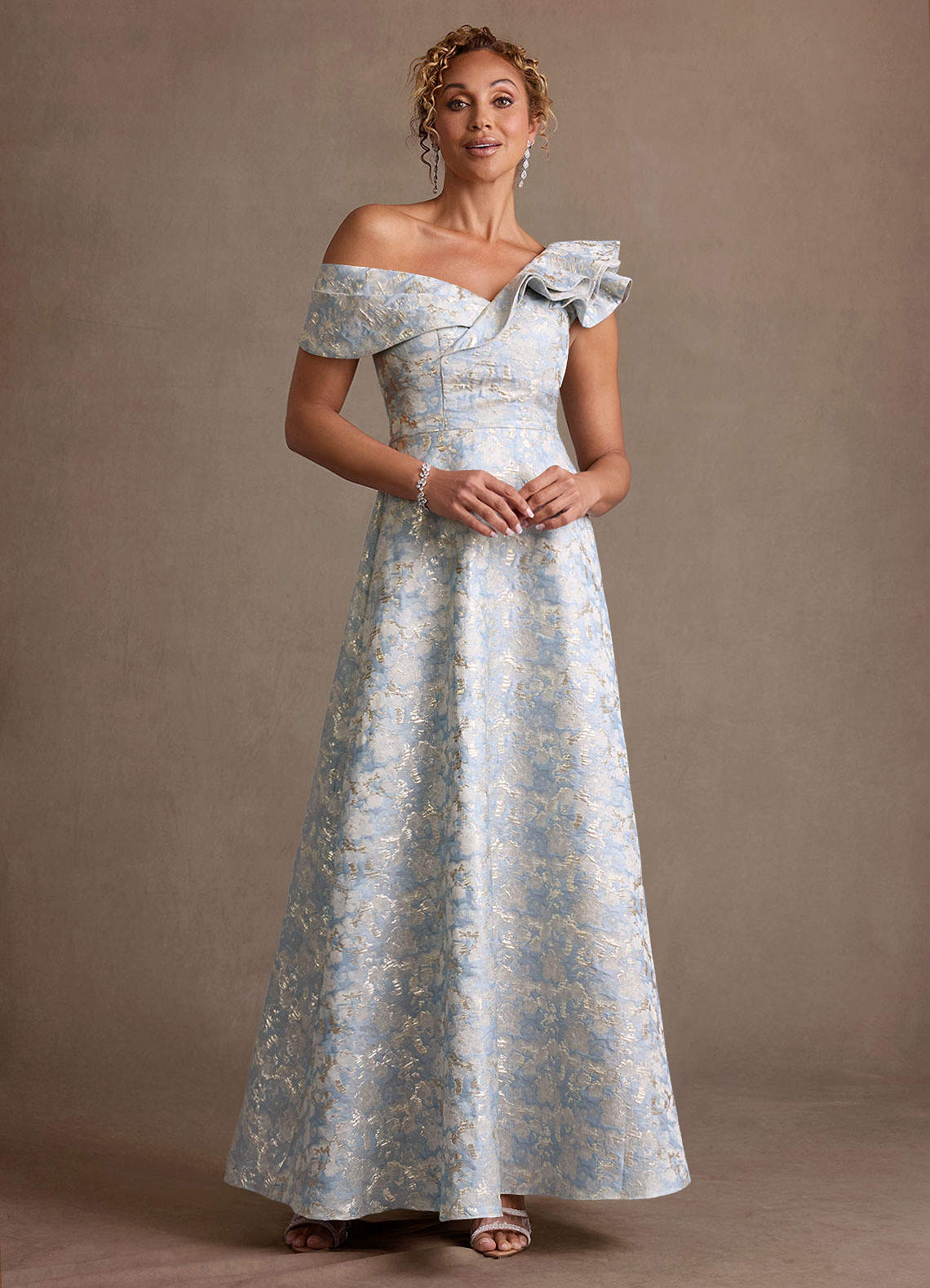 Fran A-Line Off-the-Shoulder Jacquard Mother of the Bride Dress in dusty blue