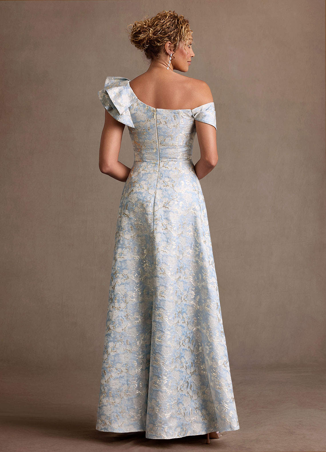Fran A-Line Off-the-Shoulder Jacquard Mother of the Bride Dress in dusty blue