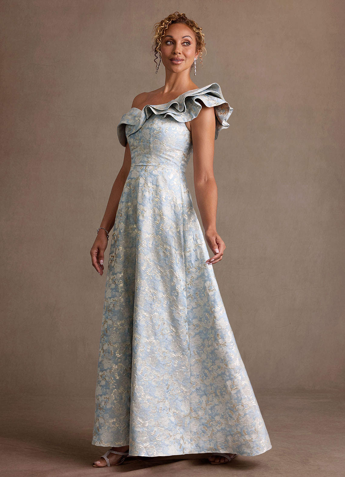 Fran A-Line Off-the-Shoulder Jacquard Mother of the Bride Dress in dusty blue