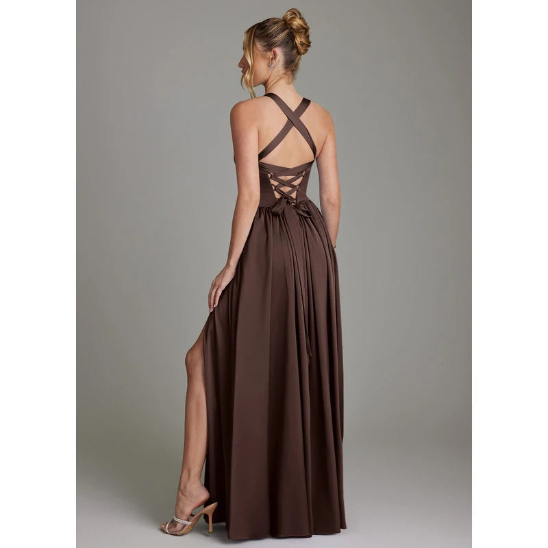Francis A-Line V-Neck Stretch Satin Bridesmaid Dress in Ganache - additional view 13
