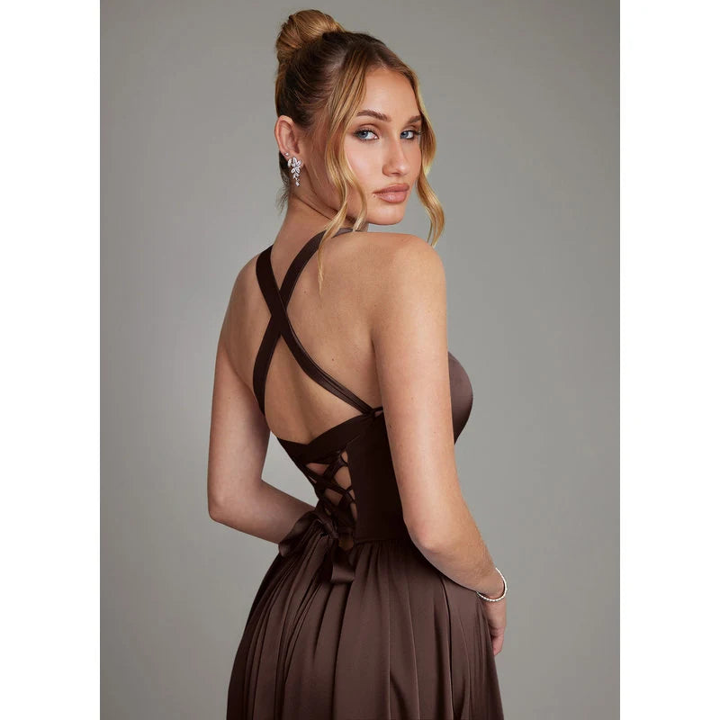 Francis A-Line V-Neck Stretch Satin Bridesmaid Dress in Ganache - additional view 14