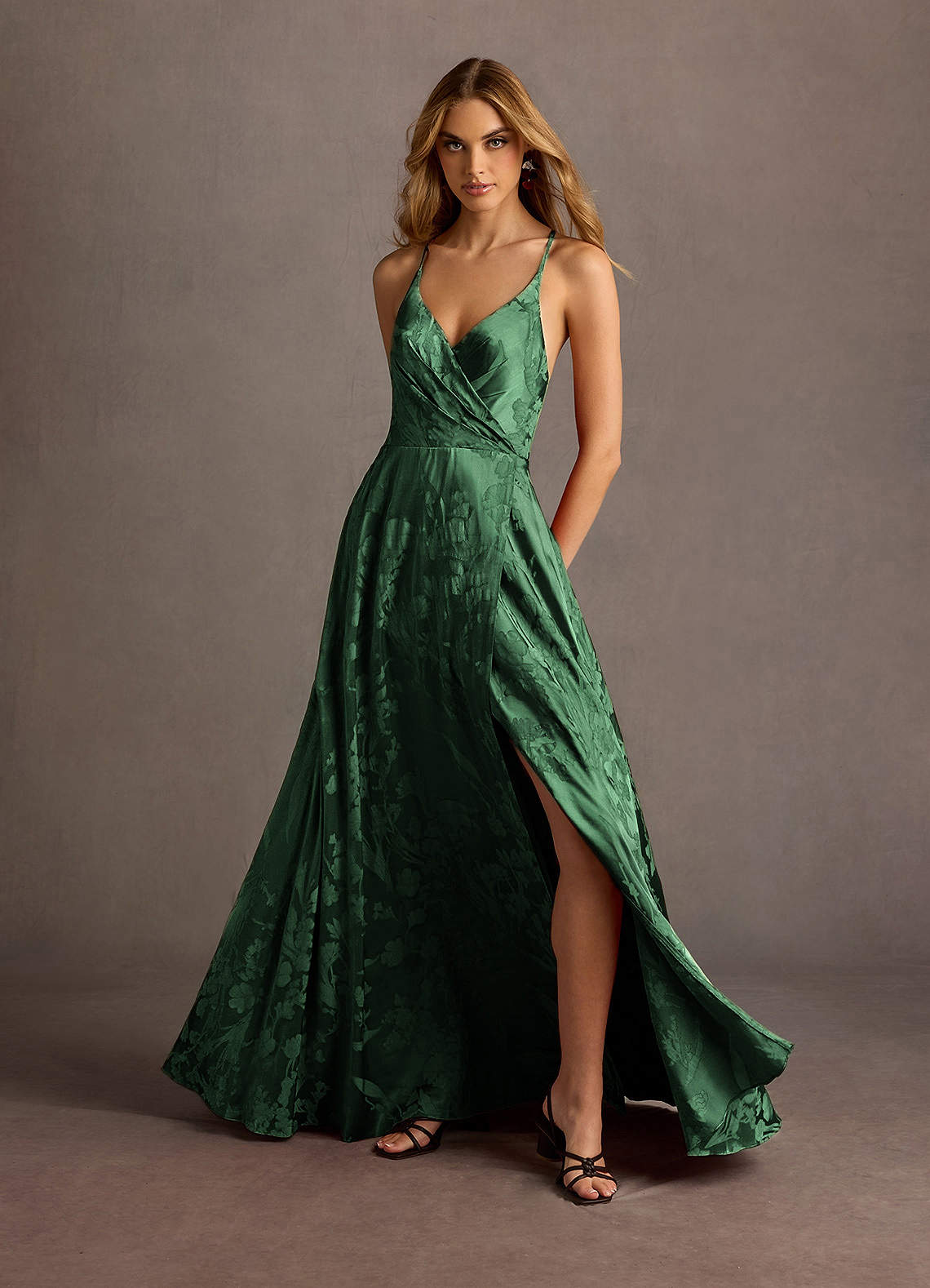Gabrielle A-Line Open-Back Jacquard Wedding Guest Dress in Hunter Green