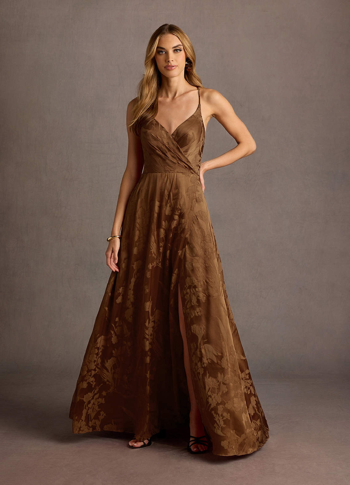 Gabrielle A-Line Open-Back Jacquard Wedding Guest Dress in Coco
