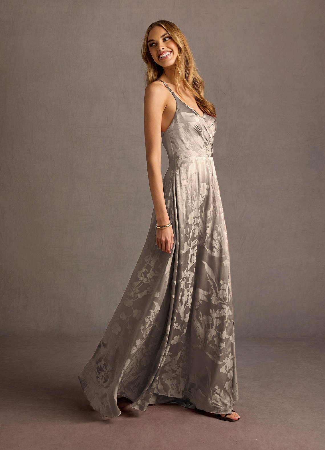 Gabrielle A-Line Open-Back Jacquard Wedding Guest Dress in Platinum