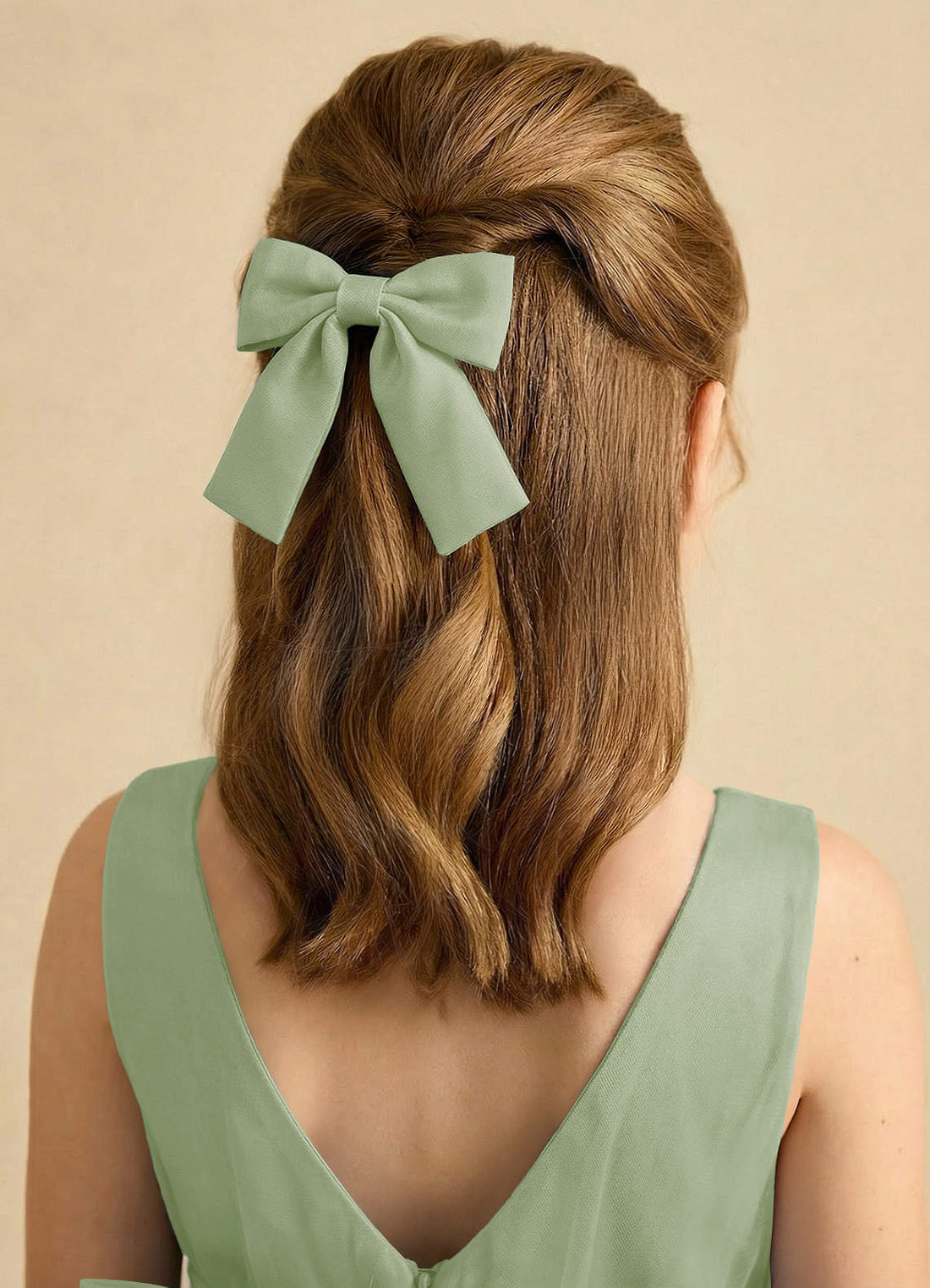 Girls Matte Satin Bow Hair Clip — Dusty Sage — 图 1/332