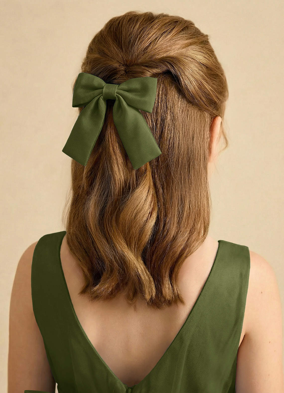 Girls Matte Satin Bow Hair Clip — Olive — 图 41/332