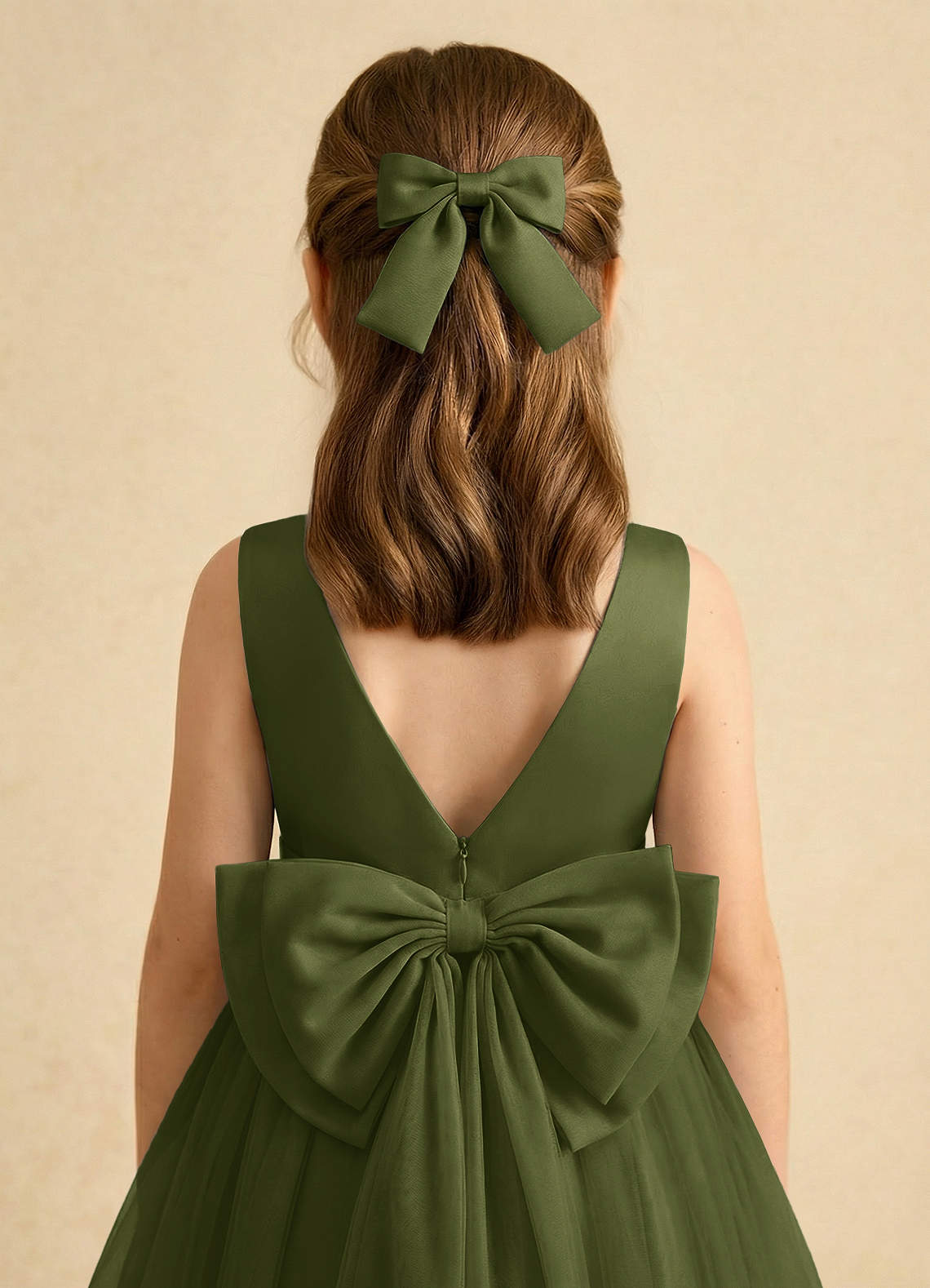 Girls Matte Satin Bow Hair Clip — Olive — 图 43/332