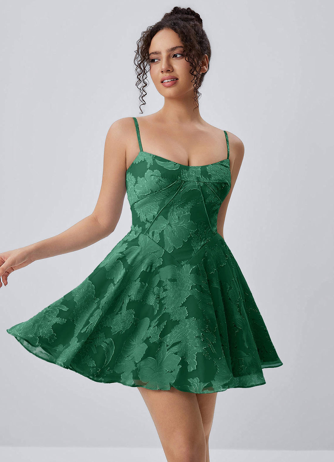 Goldmari A-Line Spaghetti-Strap Floral Burnout Prom Dress in Dark Green