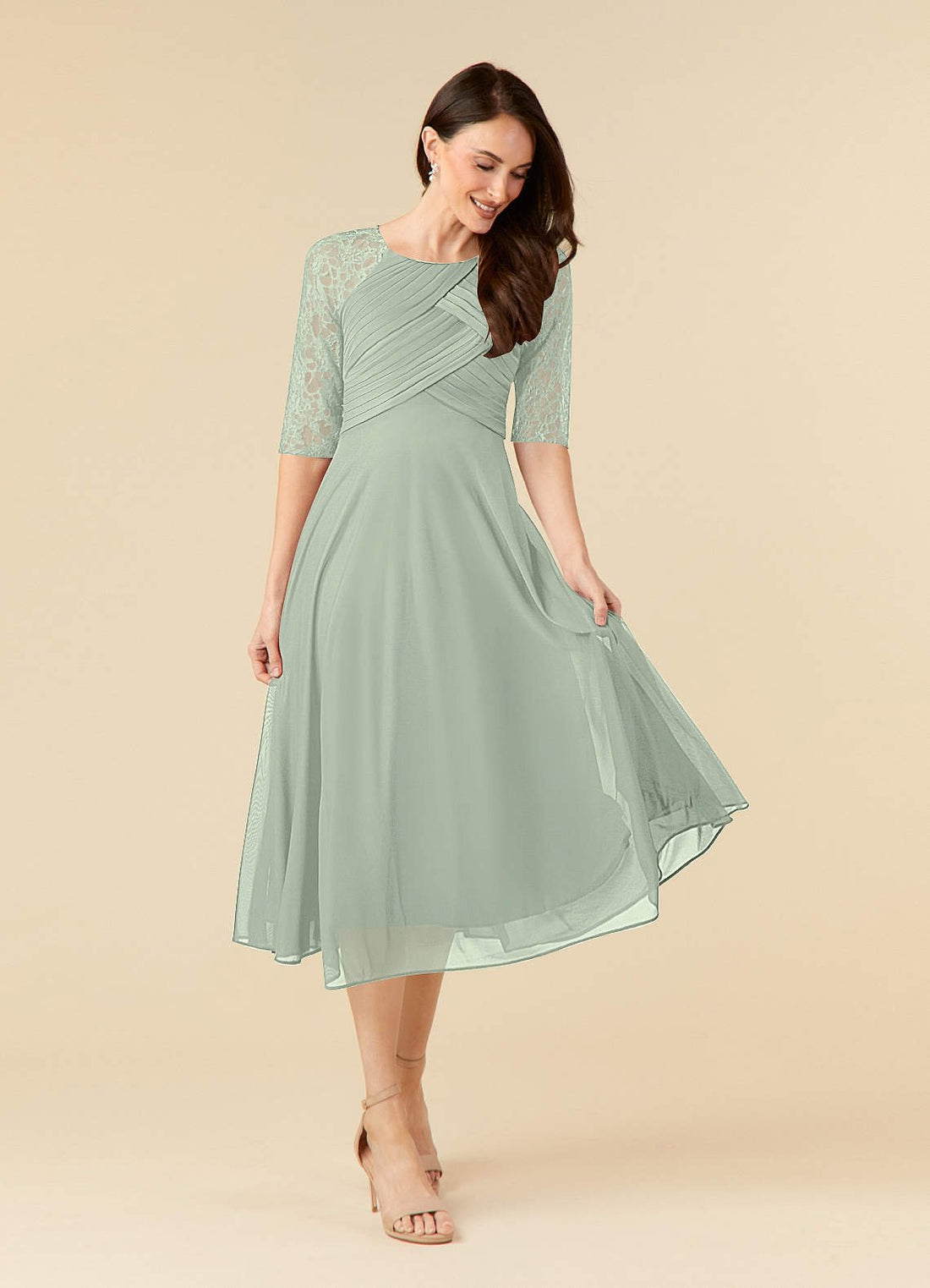 Gracelyn A-Line Scoop-Neck Lace and Mesh Mother of the Bride Dress in Dusty Sage