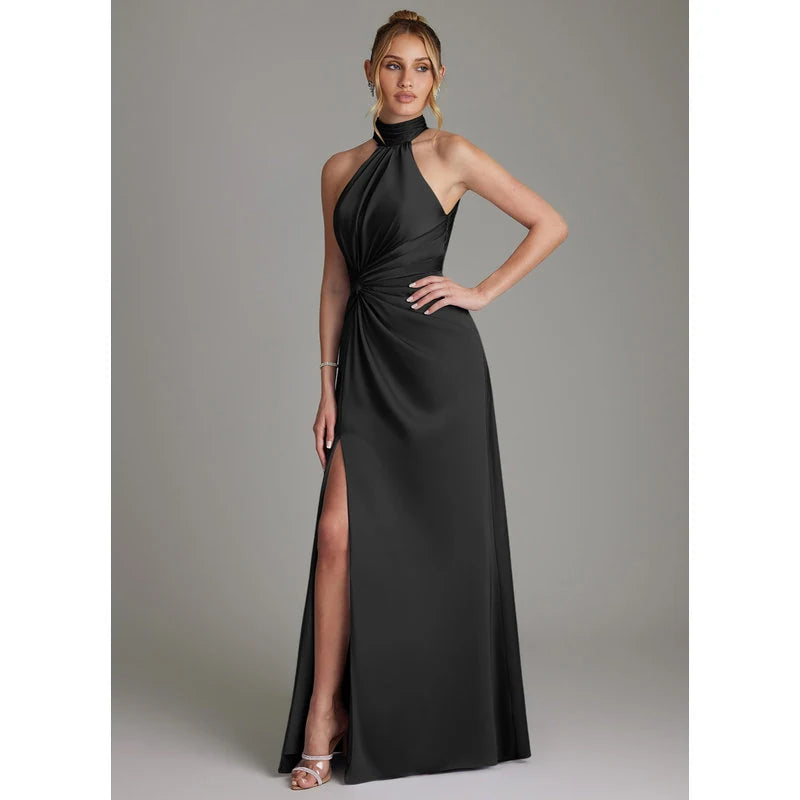 Gracelynn Sheath Halter Stretch Satin Bridesmaid Dress in black - additional view 3