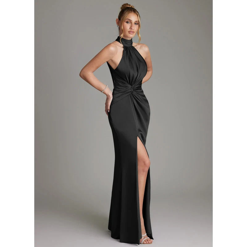 Gracelynn Sheath Halter Stretch Satin Bridesmaid Dress in black - additional view 4
