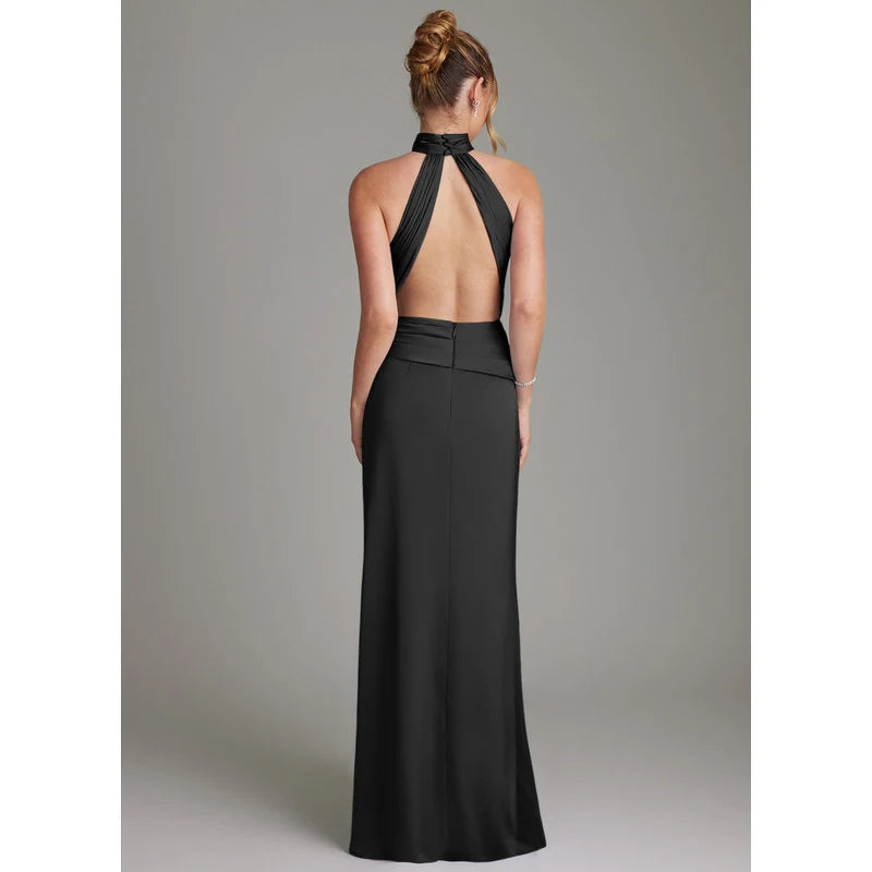 Gracelynn Sheath Halter Stretch Satin Bridesmaid Dress in black - additional view 5