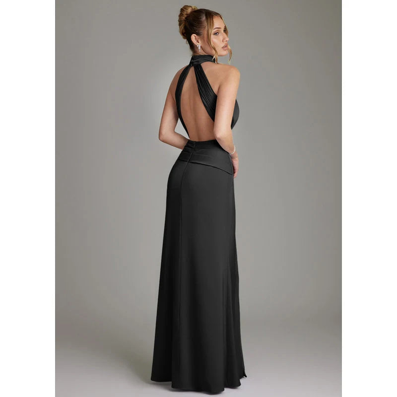 Gracelynn Sheath Halter Stretch Satin Bridesmaid Dress in black - additional view 6