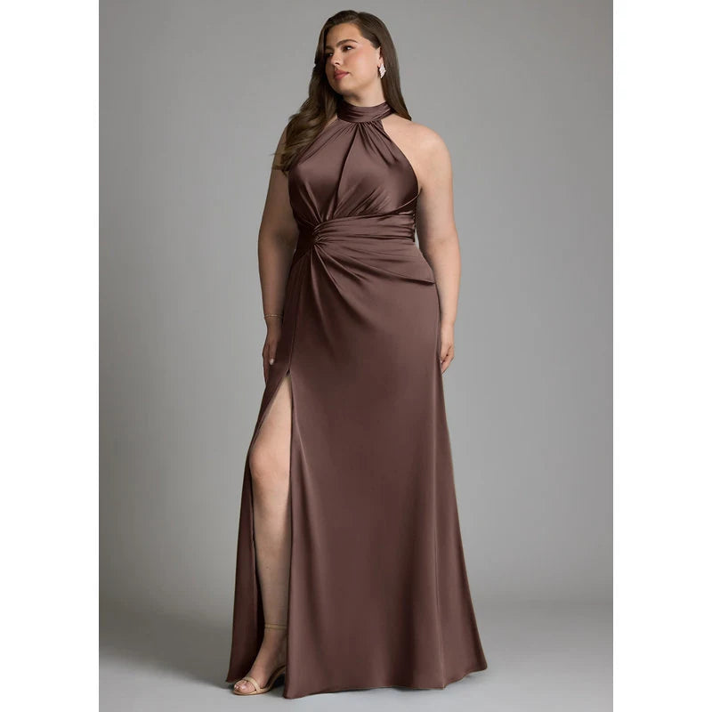 Gracelynn Sheath Halter Stretch Satin Bridesmaid Dress in Ganache - additional view 16