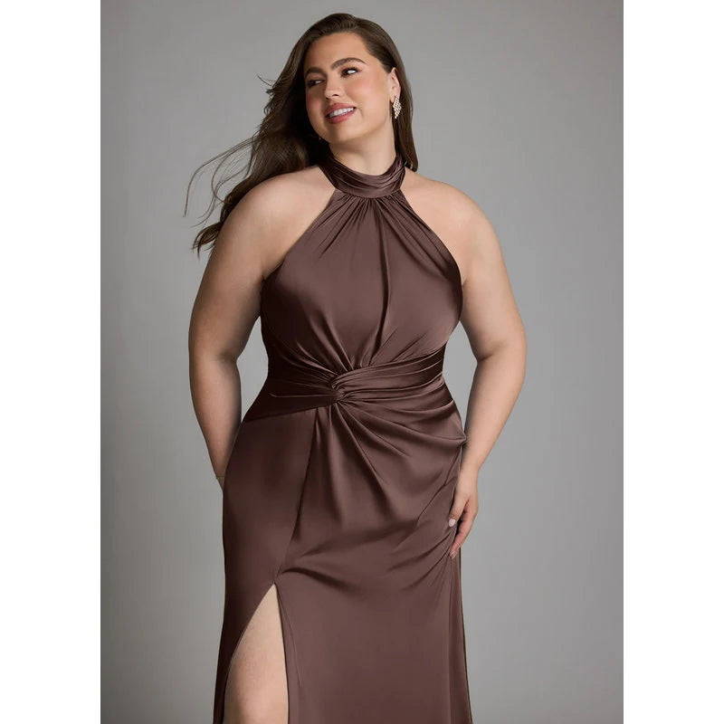 Gracelynn Sheath Halter Stretch Satin Bridesmaid Dress in Ganache - additional view 17