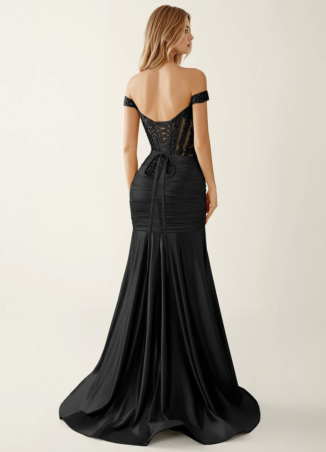 Gueritemar Mermaid Off-the-Shoulder Stretch Satin Prom Dress in black