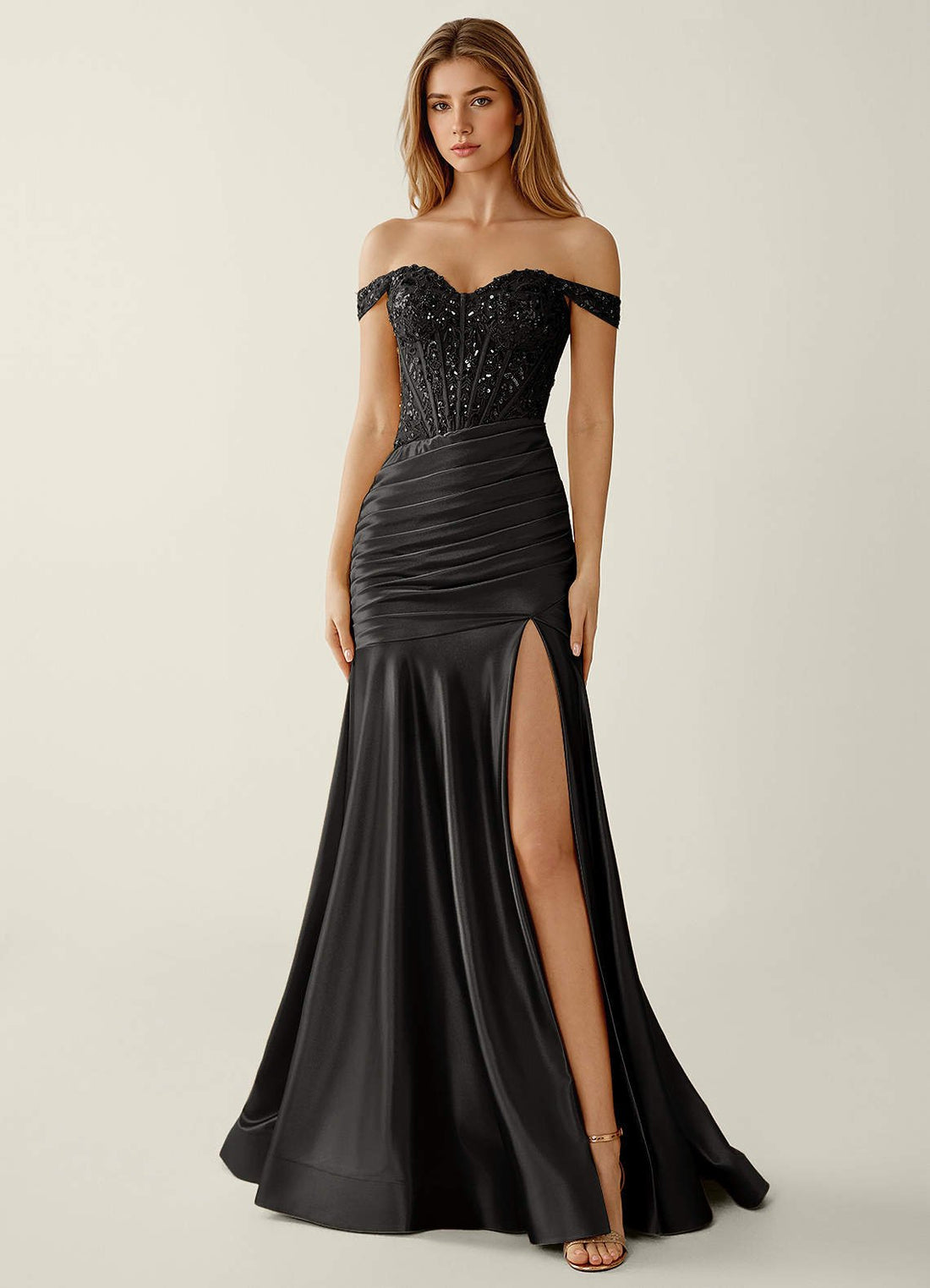 Gueritemar Mermaid Off-the-Shoulder Stretch Satin Prom Dress in black