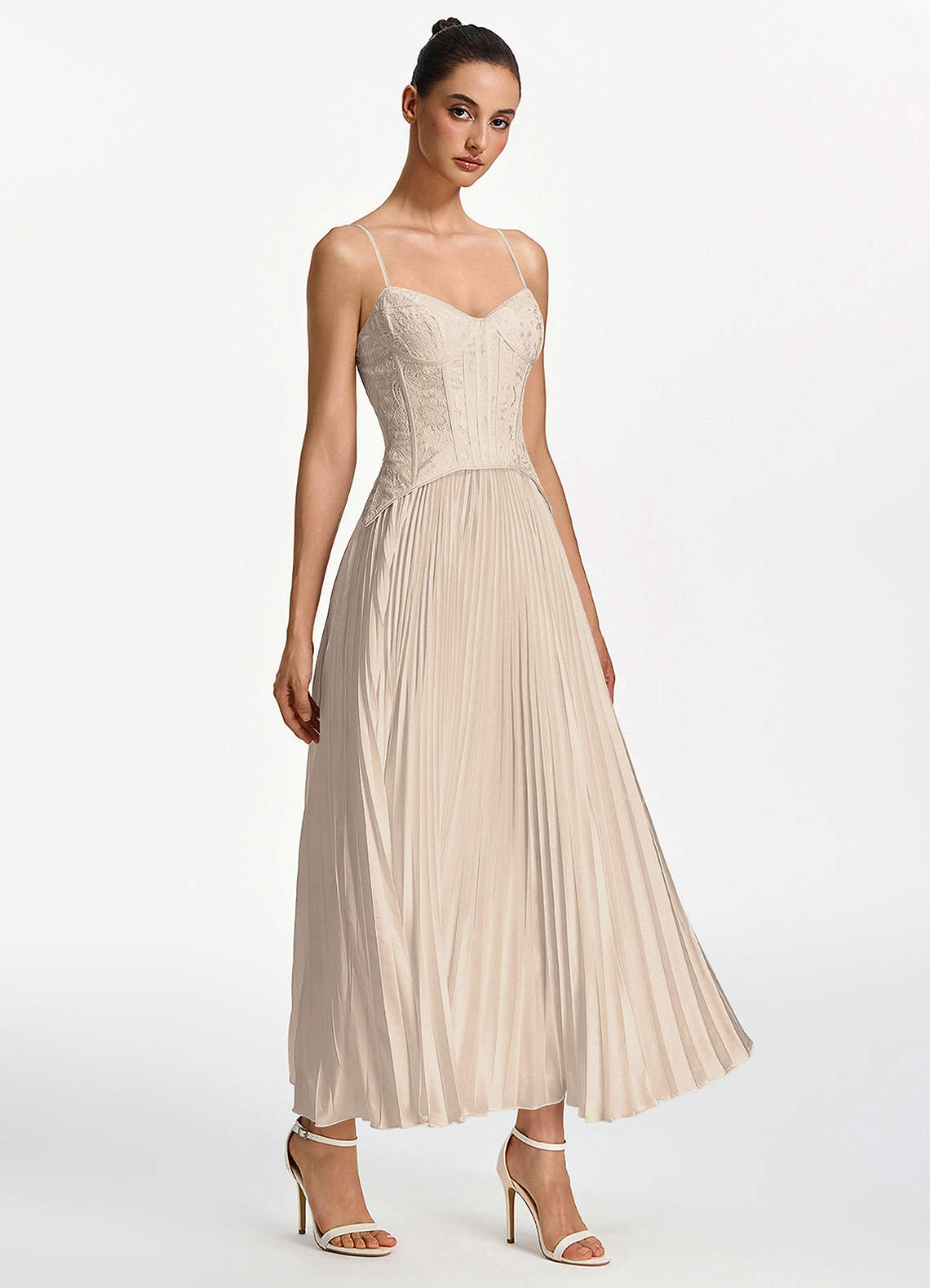 Isolde A-Line Corset Lace Satin Prom Dress in champagne